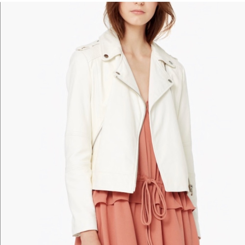 White MNG Mango Genuine Leather Motorcycle Jacket, Small